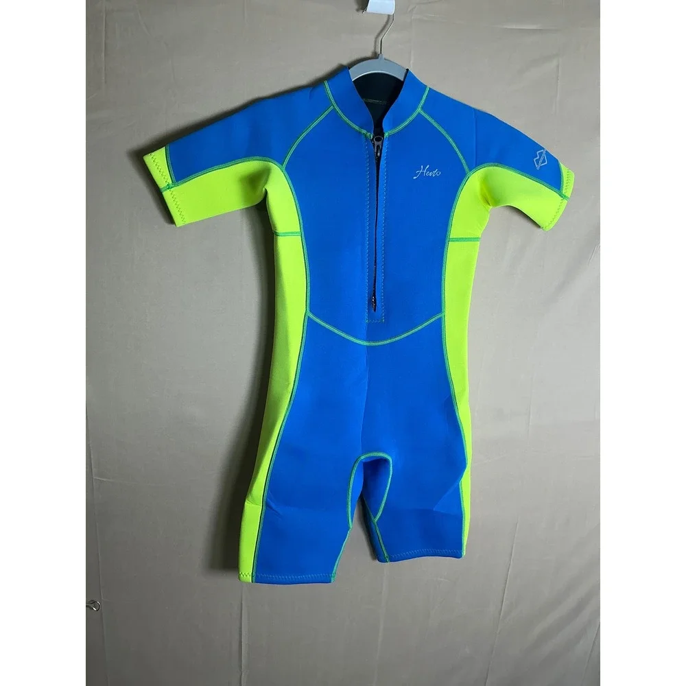 Hevto Kids Wetsuit Shorty Blue Lime Green 2mm Neoprene Front Zip Size 12 Youth